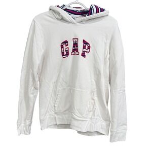 GAP White Logo Hoodie Medium Womens Sweatshirt Striped Hood‎ Casual